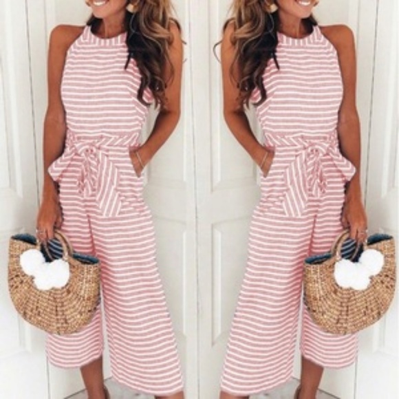 Pink Striped Halter Neck Wide Leg Jumpsuit Romper. - Picture 3 of 6